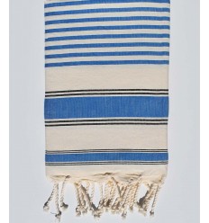Serviette de plage ziwane blanc crème, noir et bleu Fouta Tunisia - 1