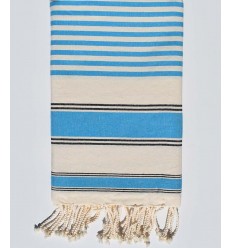 Serviette de plage ziwane blanc crème, noir et bleu céruléen Fouta Tunisia - 1