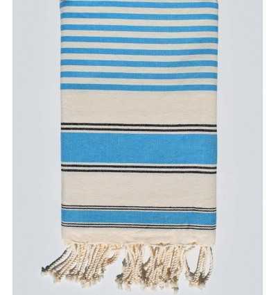 Serviette de plage ziwane blanc crème, noir et bleu céruléen