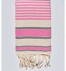 Serviette de plage ziwane blanc crème, noir et rose Fouta Tunisia - 1