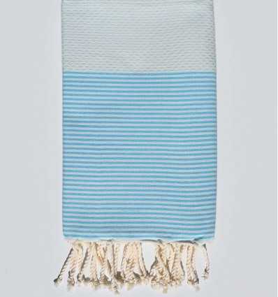 Serviette de plage nid d'abeille azur brume rayée bleu azur clair