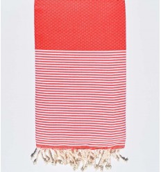 Serviette de plage nid d'abeille rouge clair Fouta Tunisia - 1 2
