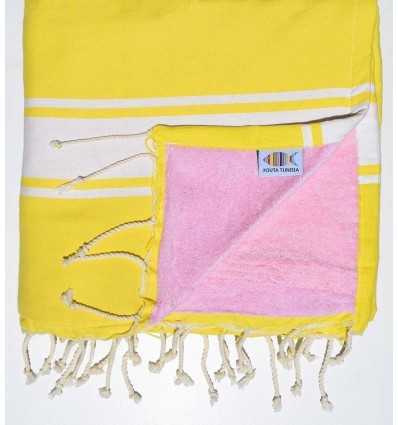 Fouta Plate doublée éponge jaune et rose clair