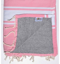 Serviette de plage doublée éponge rose et gris Fouta Tunisia - 1