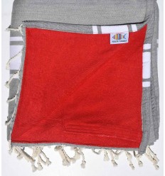 Fouta doublée éponge gris et rouge  - 1