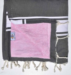 Fouta plate doublée éponge gris moyen et rose clair Fouta Tunisia - 1