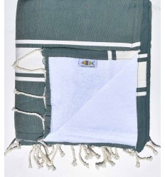 Serviette de plage doublée éponge vert foncé et blanc Fouta Tunisia - 1