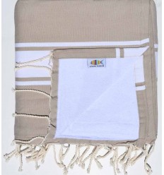 Serviette de plage doublée éponge beige foncé et blanc Fouta Tunisia - 1