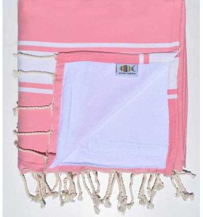 Serviette de plage doublée éponge rose et blanc