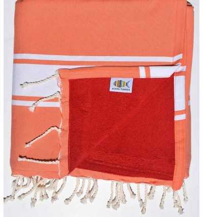 fouta doublée éponge saumon et rouge