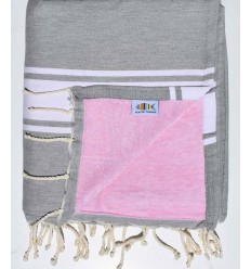 Fouta doublée éponge gris et rose Fouta Tunisia - 1