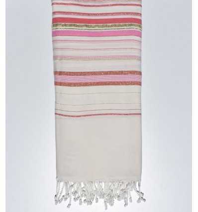 Jeté fadhila blanc crème clair et rose incarnat Fouta Tunisia - 2