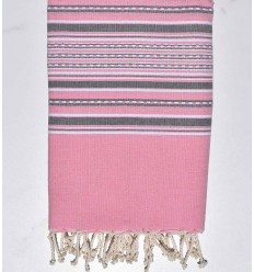 Serviette de plage arabesque rose clair et gris Fouta Tunisia - 1