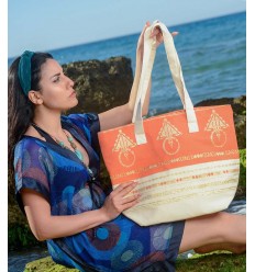 Sac de plage khlela blanc crème et orange Fouta Tunisia - 1 2