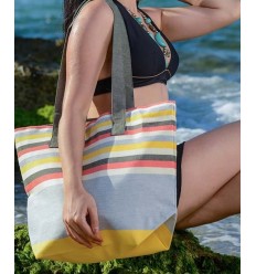 Sac de plage jaune, gris, rouge corail, blanc crème et vert foncé  - 1
