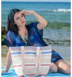 Sac de plage chair, blanc, rouge carmin et bleu Fouta Tunisia - 2