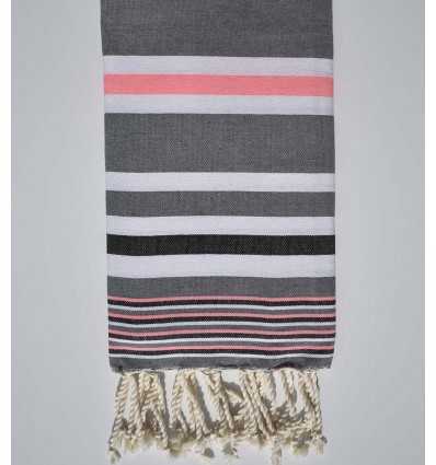 Serviette de plage dina gris avec rayures blanche, rose fluo et noir