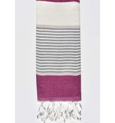 Fouta enfant blanc crème rayée prune, beige et gris Fouta Tunisia - 1