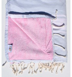 Serviette de plage doublée éponge bleu clair et rose Fouta Tunisia - 1