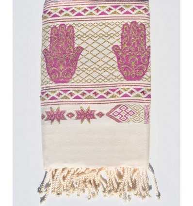 Fouta khomsa blanc crème et rose violet