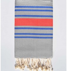 Fouta nid d'abeille gris rayée bleu et rouge anglais Fouta Tunisia - 1