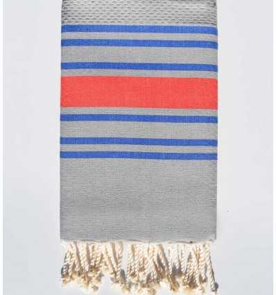 Fouta nid d'abeille gris rayée bleu et rouge anglais