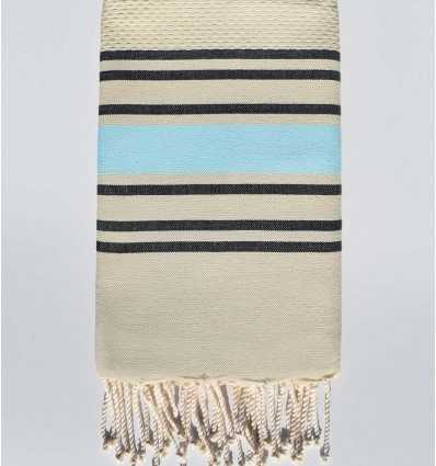 Fouta nid d'abeille beige sable rayée bleu clair et anthracite