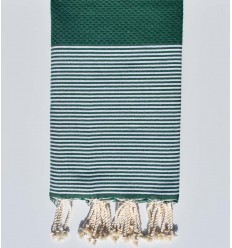 FOUTA NID D'ABEILLE vert bouteille rayée blanc  - 1