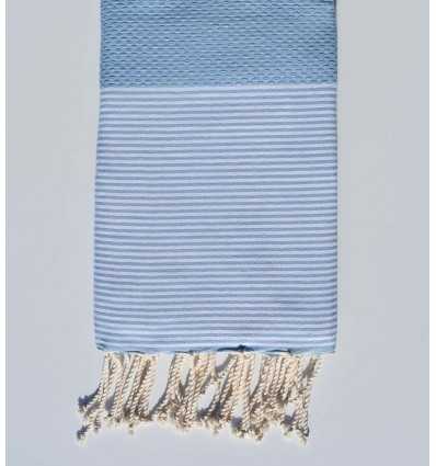 FOUTA NID D'ABEILLE Bleu ciel clair rayée blanc