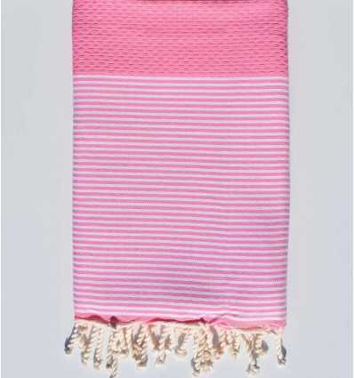 FOUTA NID D'ABEILLE Rose dragée rayée blanc