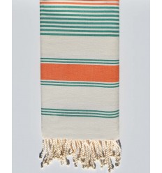 Serviette de plage dina blanc crème, orange et vert Fouta Tunisia - 1