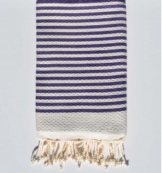Serviette de plage nid d'abeille blanc crème rayée 1 cm violet Fouta Tunisia - 1