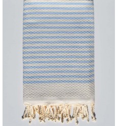 Serviette de plage nid d'abeille blanc crème rayée 1 cm rayures bleu clair Fouta Tunisia - 1