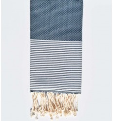 FOUTA NID D'ABEILLE bleu minéral rayée blanc  - 1