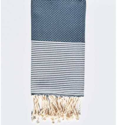 FOUTA NID D'ABEILLE bleu minéral rayée blanc