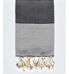FOUTA NID D'ABEILLE Gris anthracite avec rayures  - 1