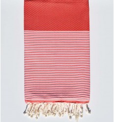 FOUTA NID D'ABEILLE rouge corail rayée blanc Fouta Tunisia - 1