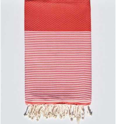 FOUTA NID D'ABEILLE rouge corail rayée blanc