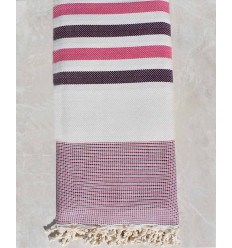 Jeté blanc écru, rose et violet aubergine Fouta Tunisia - 1 2