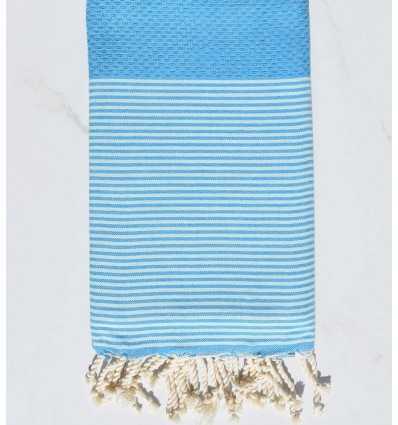 Fouta nid d'abeille bleu azur avec rayures