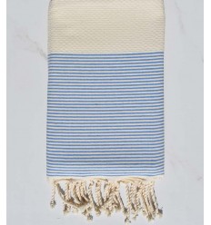 Fouta nid d'abeille beige clair rayée blanc et azur Fouta Tunisia - 1