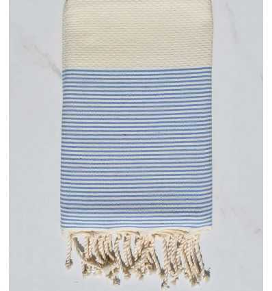 Fouta nid d'abeille beige clair rayée blanc et azur