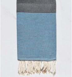 FOUTA NID D'ABEILLE gris rayée bleu azur Fouta Tunisia - 1