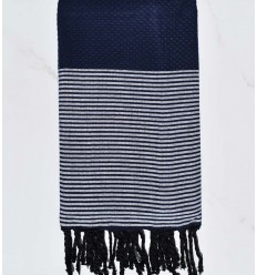 FOUTA NID D'ABEILLE bleu nuit avec rayures Fouta Tunisia - 1