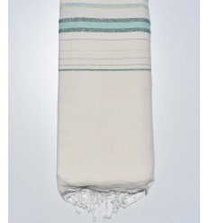 Jeté fadhila blanc crème clair, vert clair et canard avec lurex Fouta Tunisia - 1 2