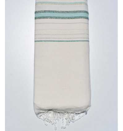Jeté fadhila blanc crème clair, vert clair et canard avec lurex Fouta Tunisia - 2