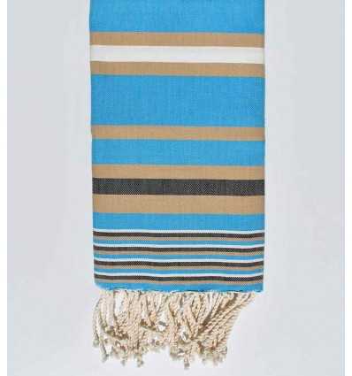 Serviette de plage Dina bleu céleste rayée beige et blanc Fouta Tunisia - 2