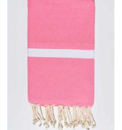 Fouta nid d'abeille rose avec bandes blanche