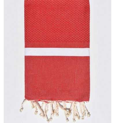 Fouta nid d'abeille rouge avec bandes blanche