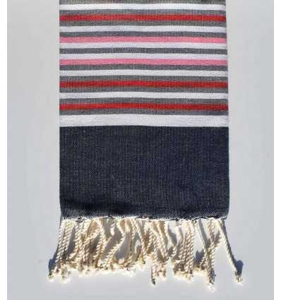 Fouta enfant bleu nuit, blanc, rouge, gris et rose clair